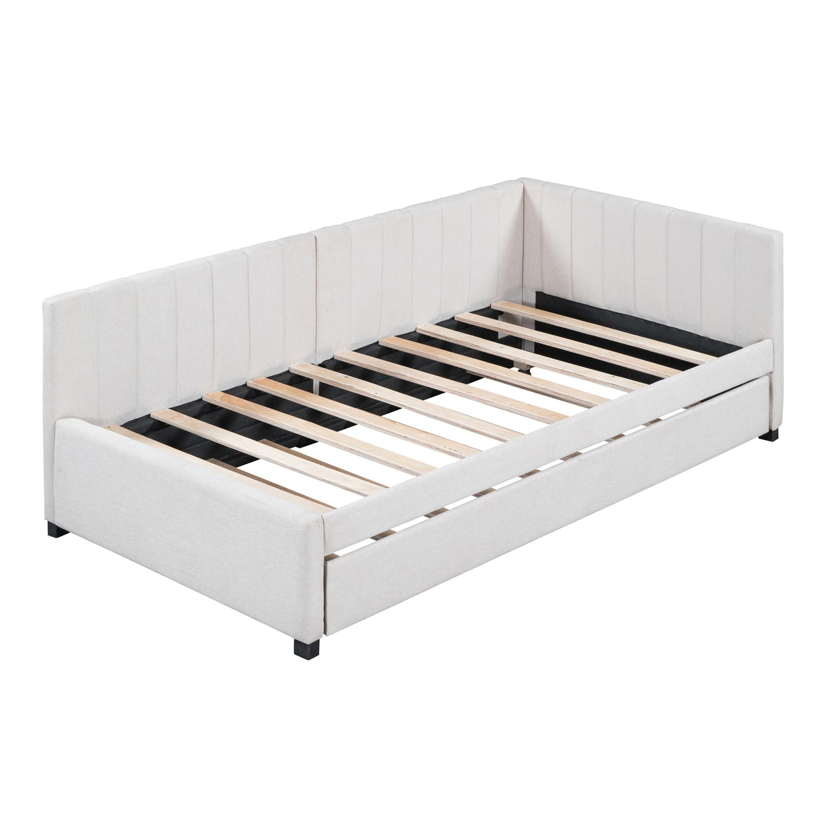 Twin Size Upholstered Daybed with Trundle Linen Fabric Wooden Sofa Bed Frame K95288
