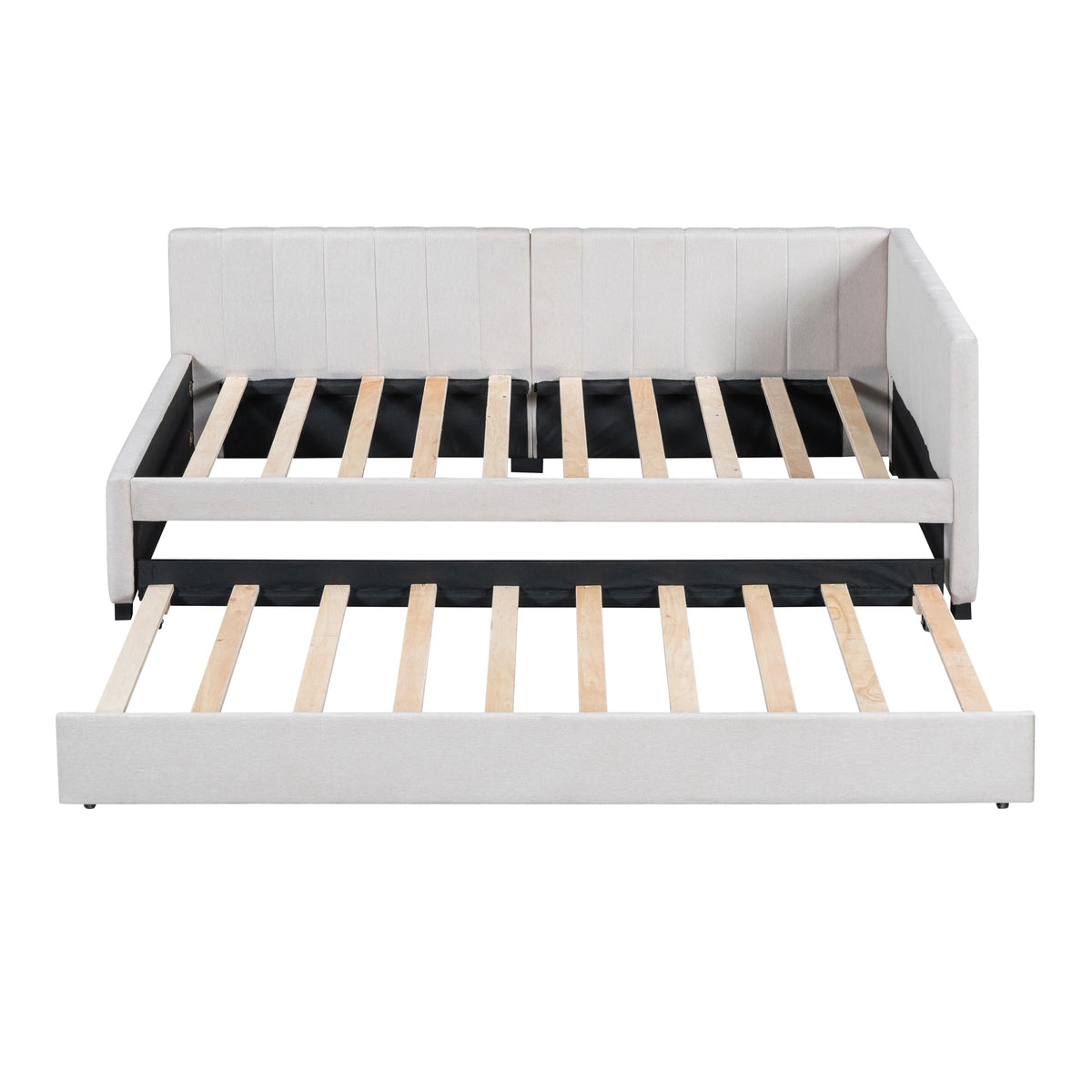 Twin Size Upholstered Daybed with Trundle Linen Fabric Wooden Sofa Bed Frame K95288