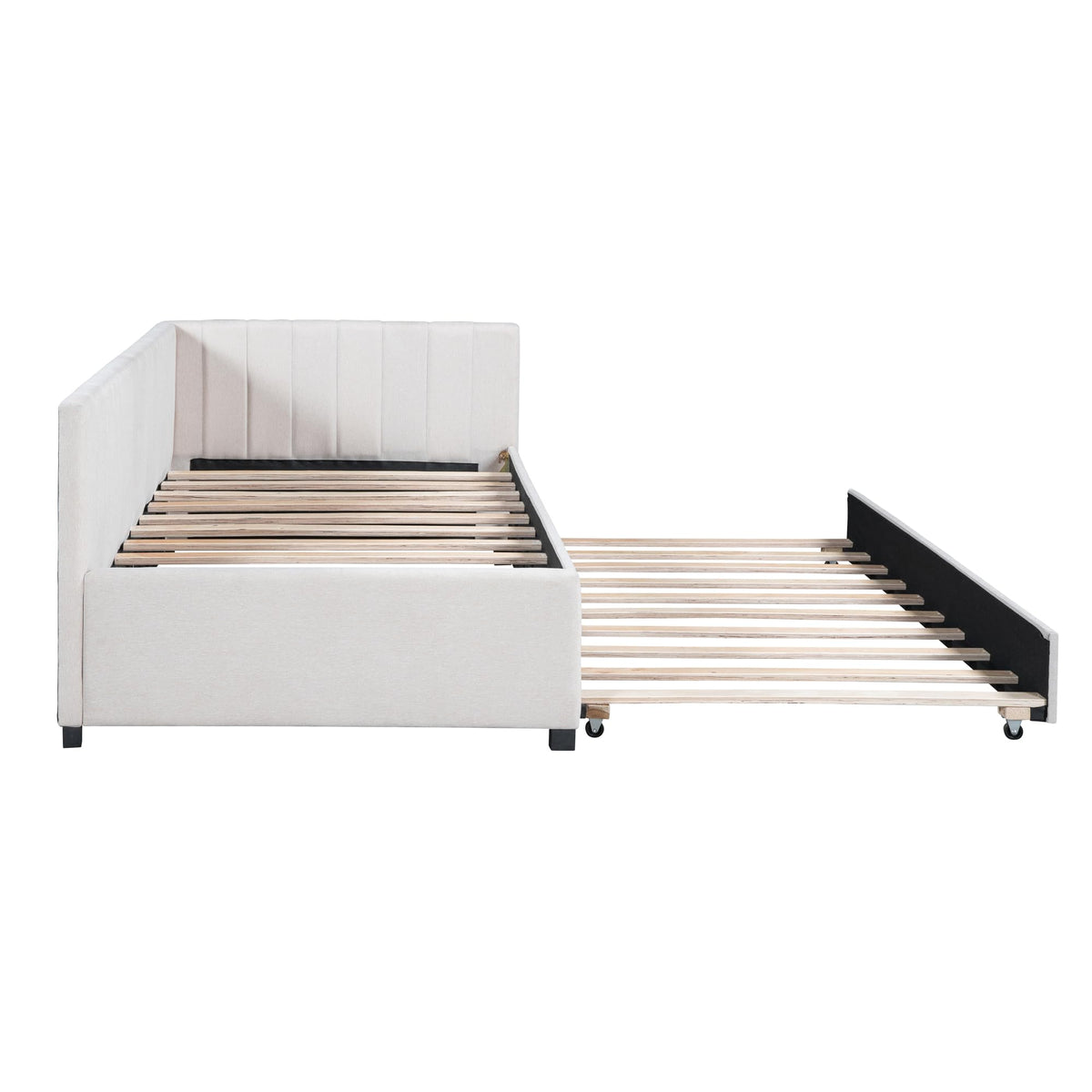 Twin Size Upholstered Daybed with Trundle Linen Fabric Wooden Sofa Bed Frame K95288