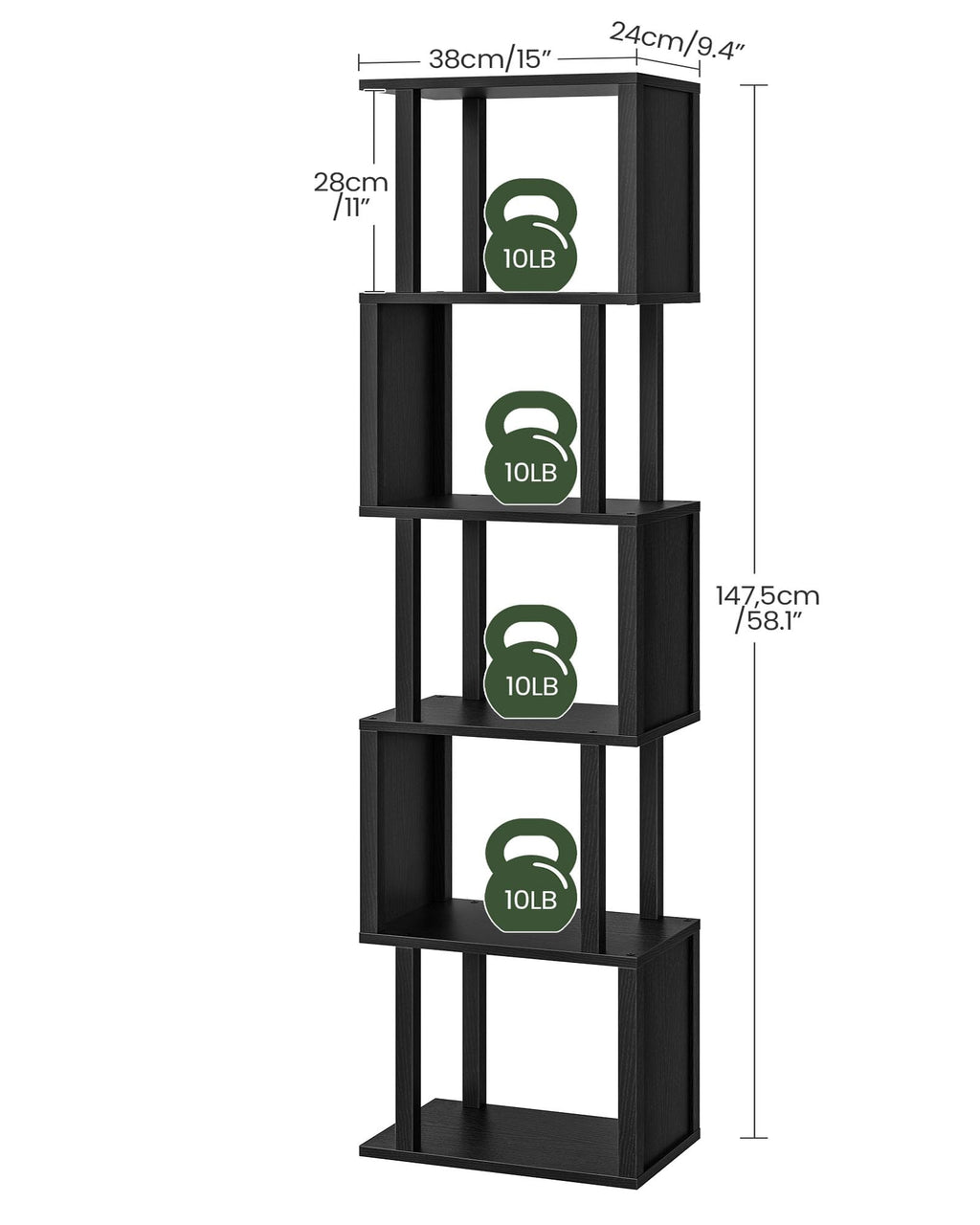 Black 5-Tier Bookshelf with Anti-Tip Kit S29919