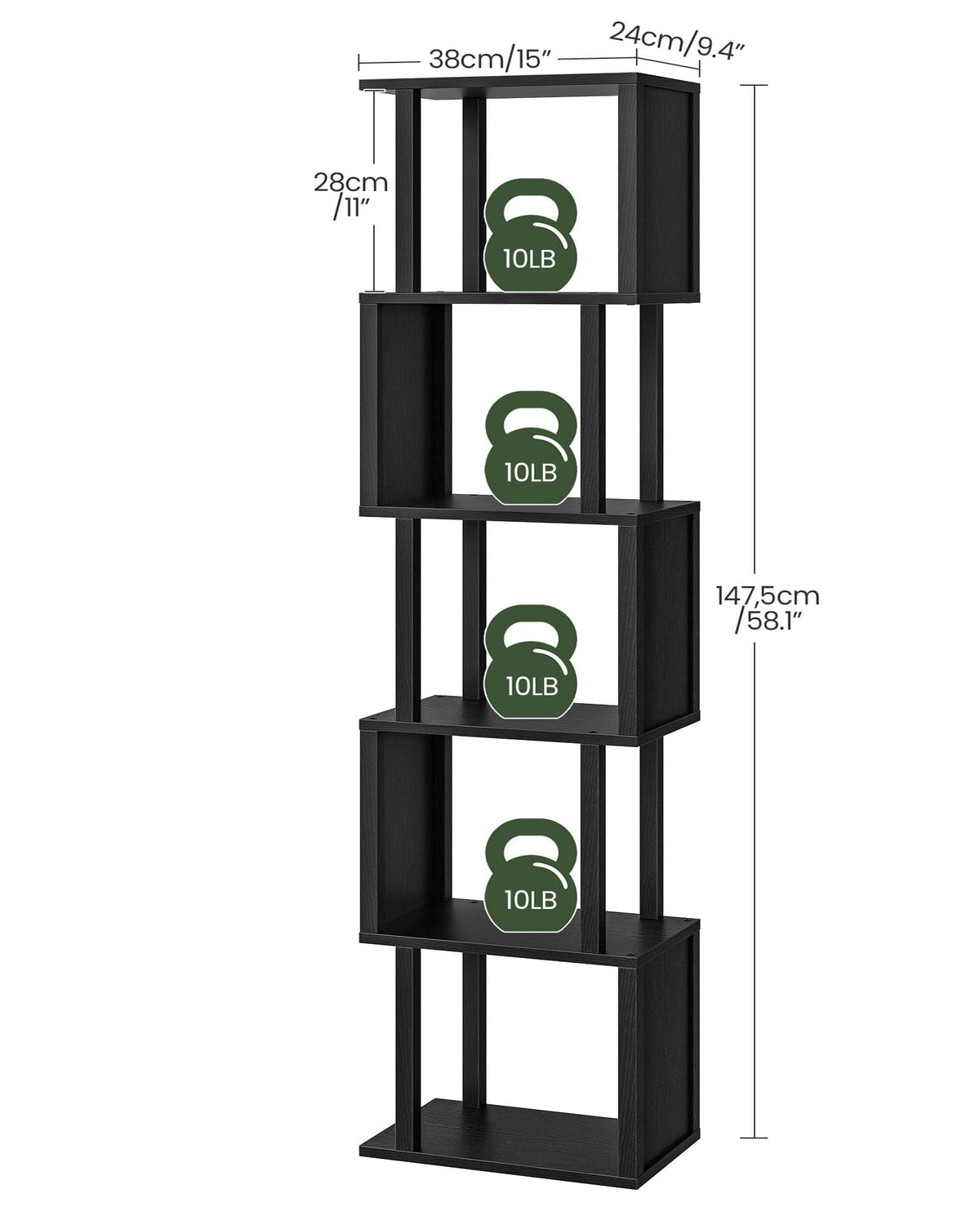Black 5-Tier Bookshelf with Anti-Tip Kit S29919
