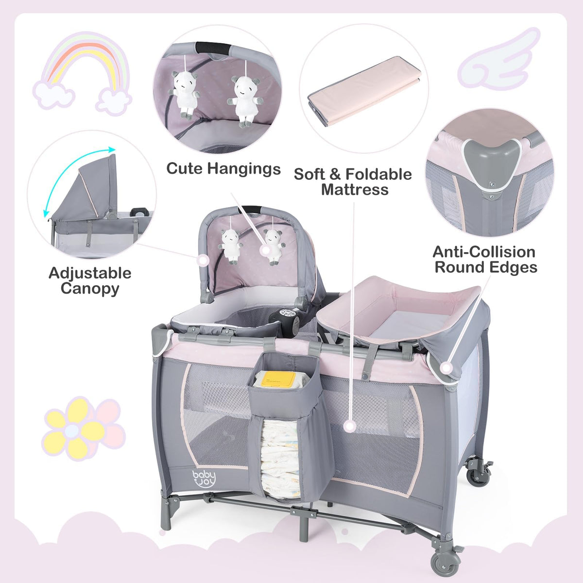 5 in 1 Pack and Play with Bassinet and Diaper Changing Table S5634