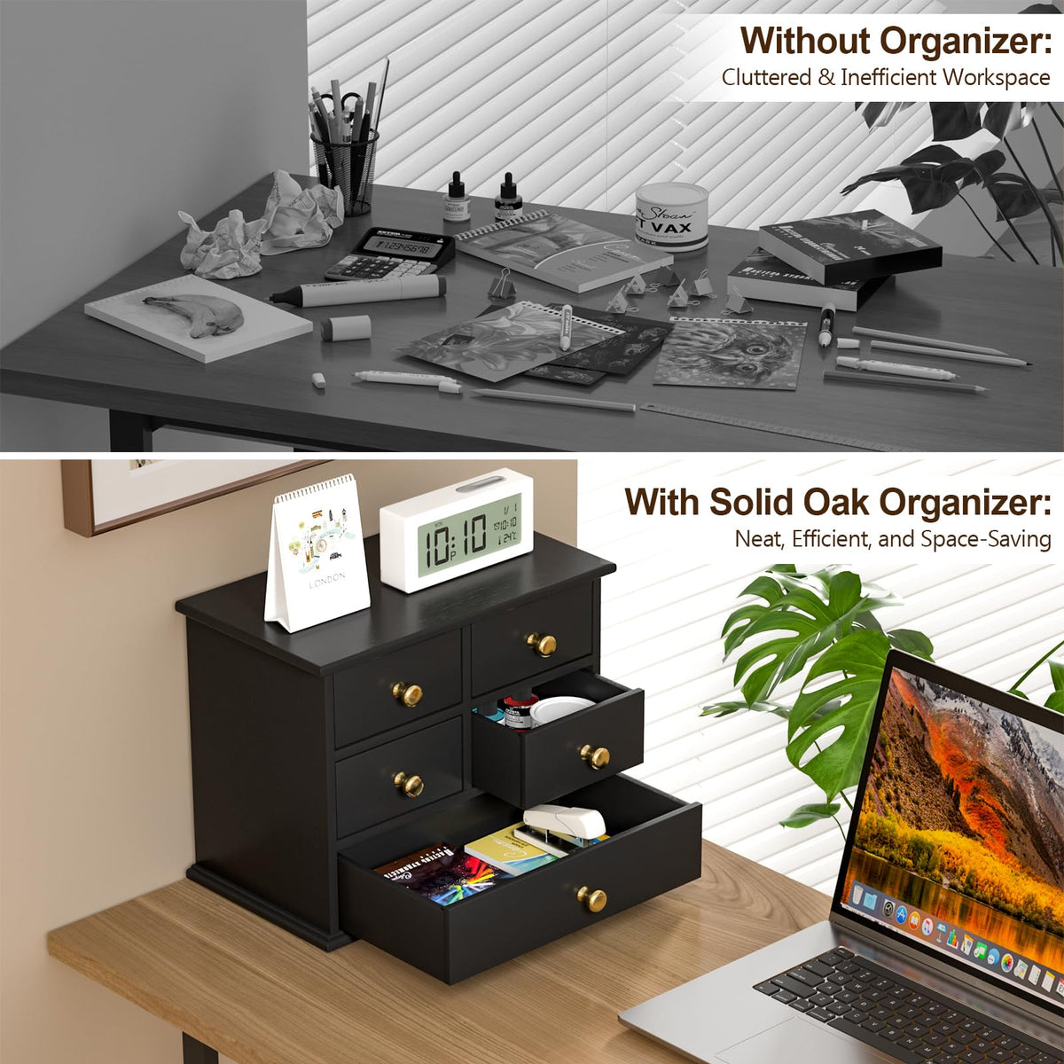 Oak Wooden Desk Organizer with Drawers A909