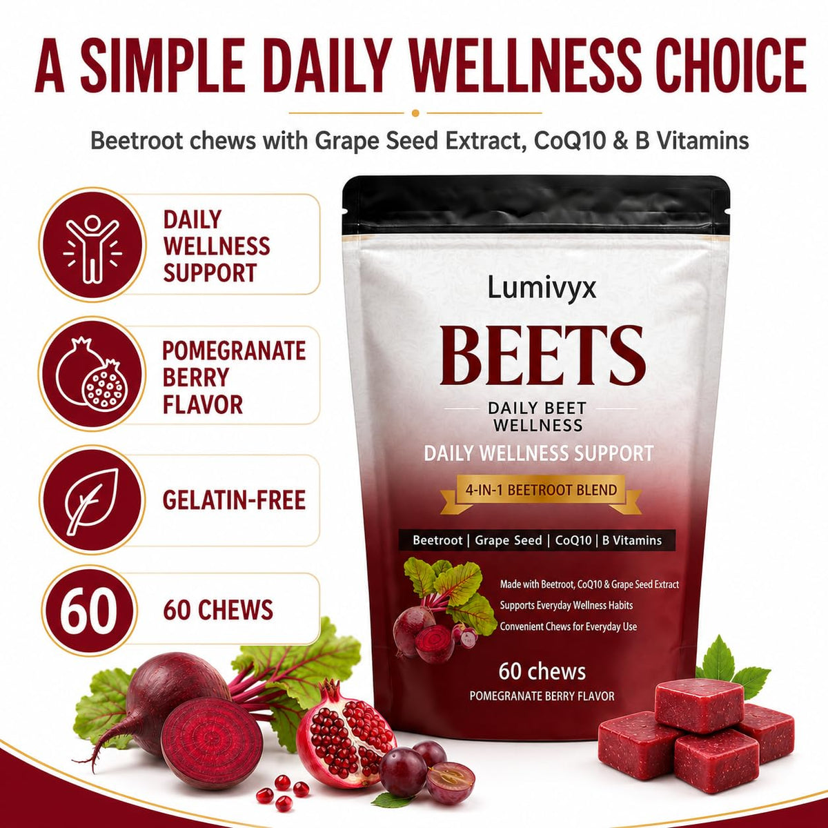 Beet Chews with Grape Seed Extract & CoQ10, 60 Chews X441
