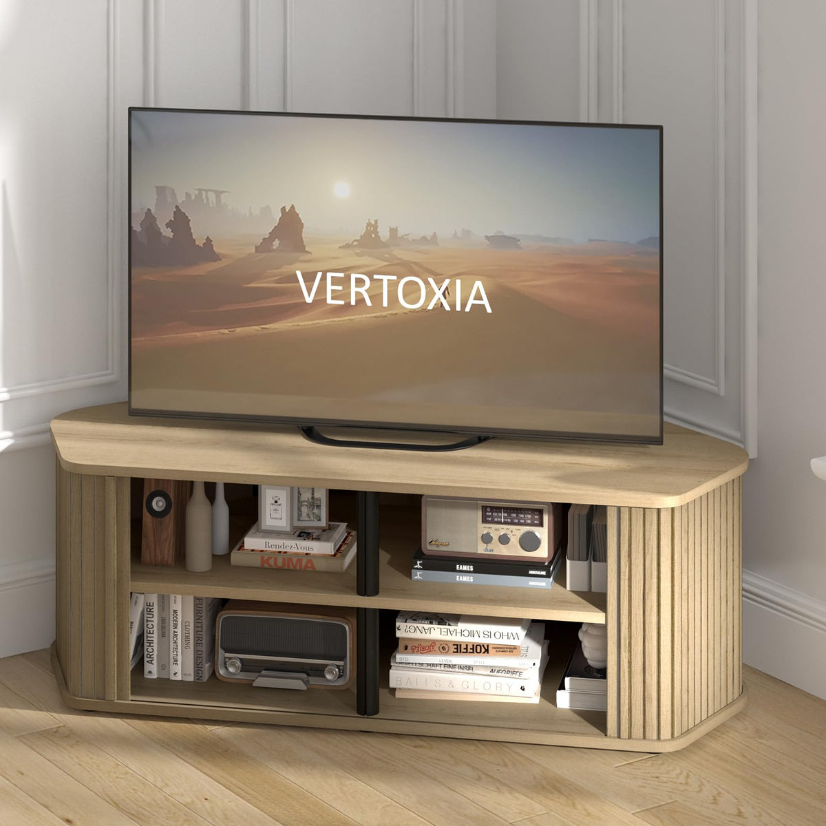 43 Inch Corner TV Stand with Sliding Tambour Door Y34245