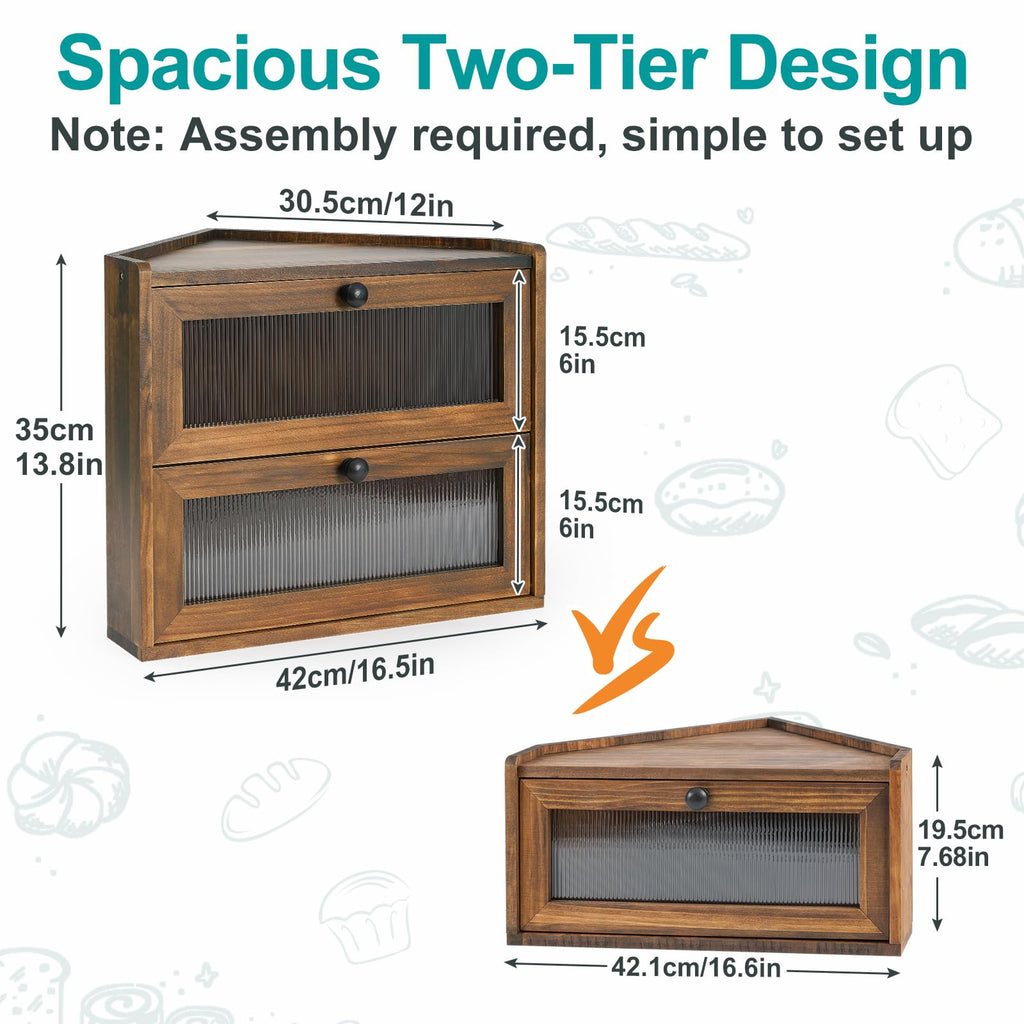 Large 2 Tier Wooden Bread Box with Acrylic Window E3008
