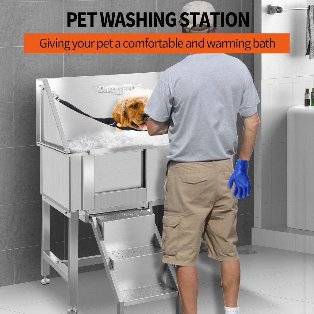 38" Stainless Steel Dog Grooming Tub with Sliding Door S23071