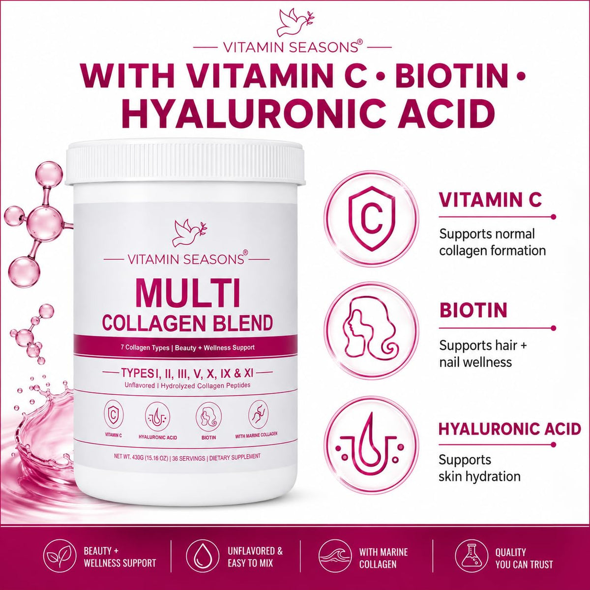 Unflavored Hydrolyzed Collagen Peptides Powder 15.16 oz J6237