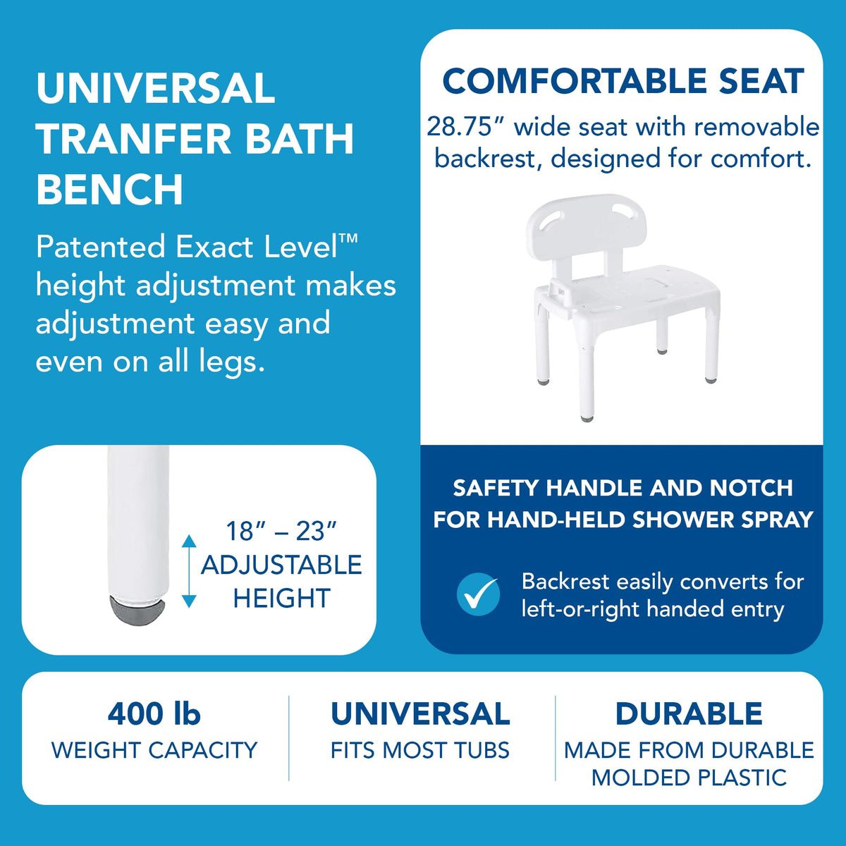 Bath Transfer Bench with Backrest and Adjustable Legs M348