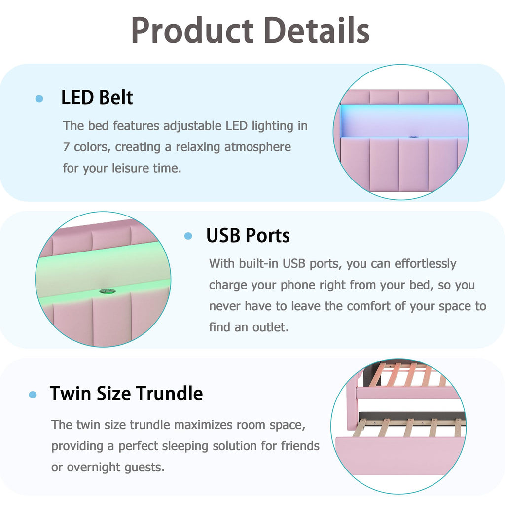 Twin Size Upholstered Platform Bed with Trundle and USB Ports, Pink I33653