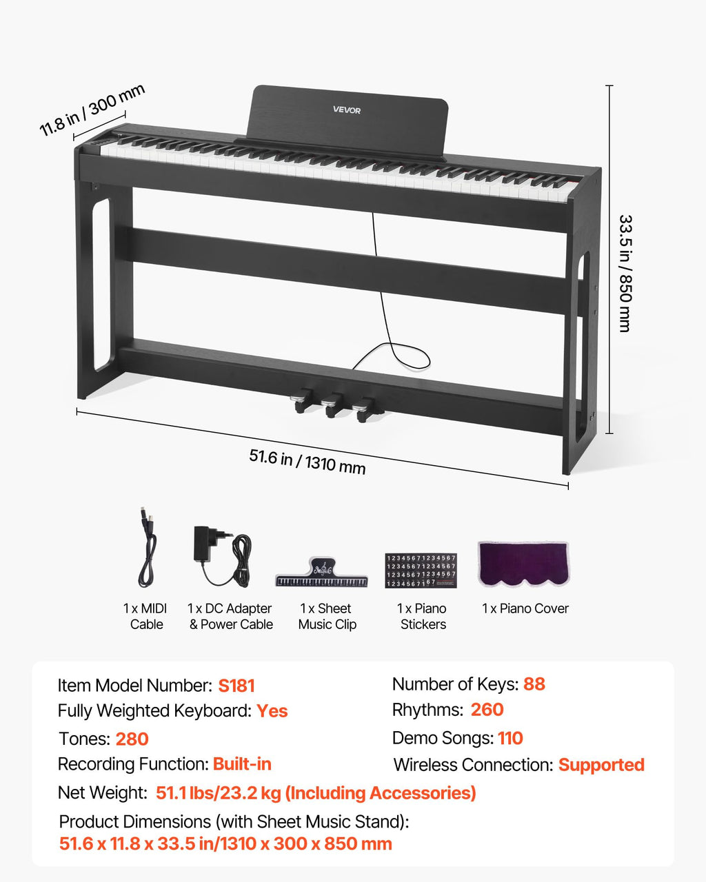 88 Keys Weighted Digital Piano with Furniture Stand and Triple Pedal, Black I612798