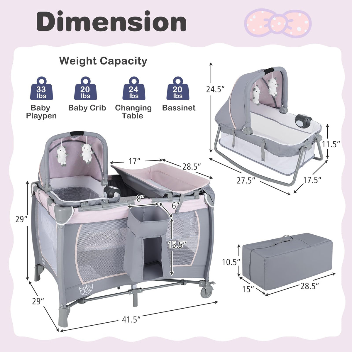 5 in 1 Pack and Play with Bassinet and Diaper Changing Table S5634