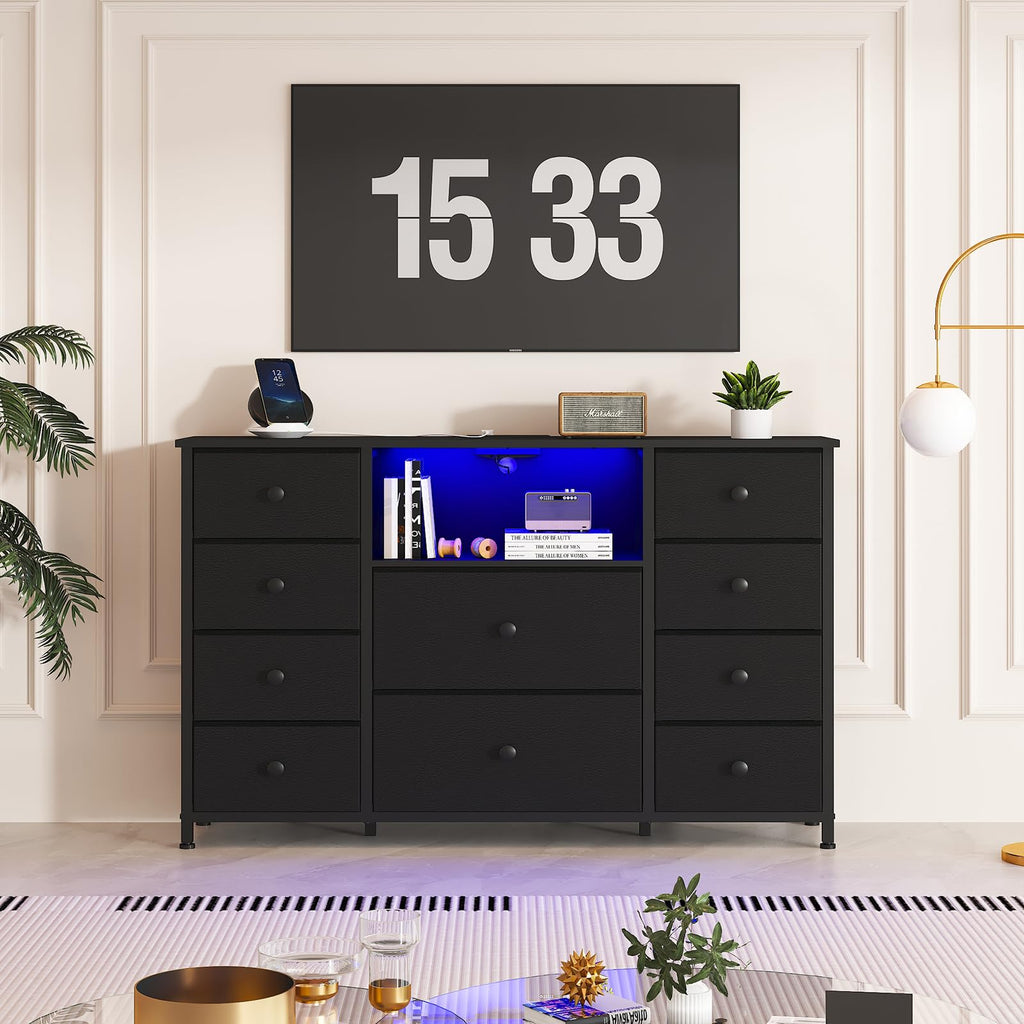Black Dresser with Charging Station and LED Lights K3722