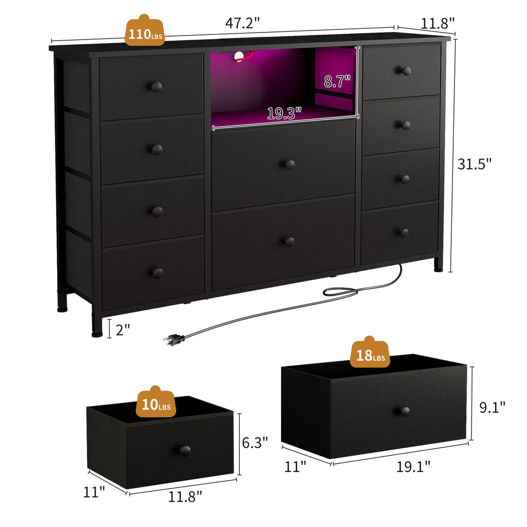 Black Dresser with Charging Station and LED Lights K3722