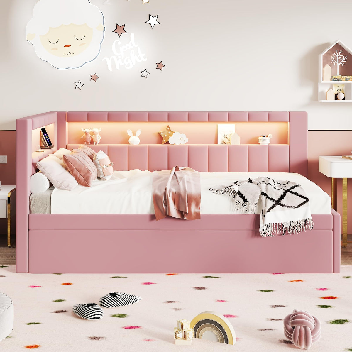 Twin Size Upholstered Platform Bed with Trundle and USB Ports, Pink I33653