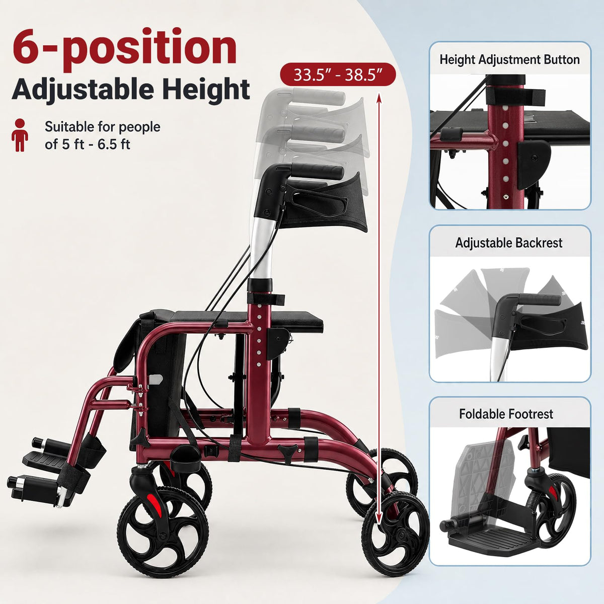 Foldable Rollator Walker 4 Wheel Transport Chair F164260