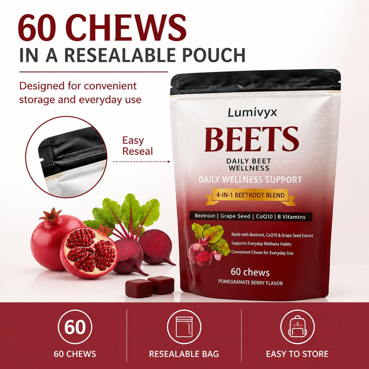 Beet Chews with Grape Seed Extract & CoQ10, 60 Chews X441