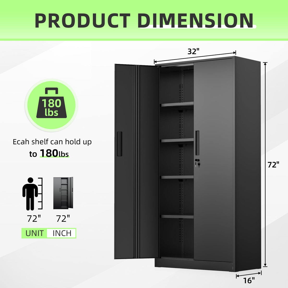 Black 72" Locking Steel Storage Cabinet with 4 Adjustable Shelves I79290