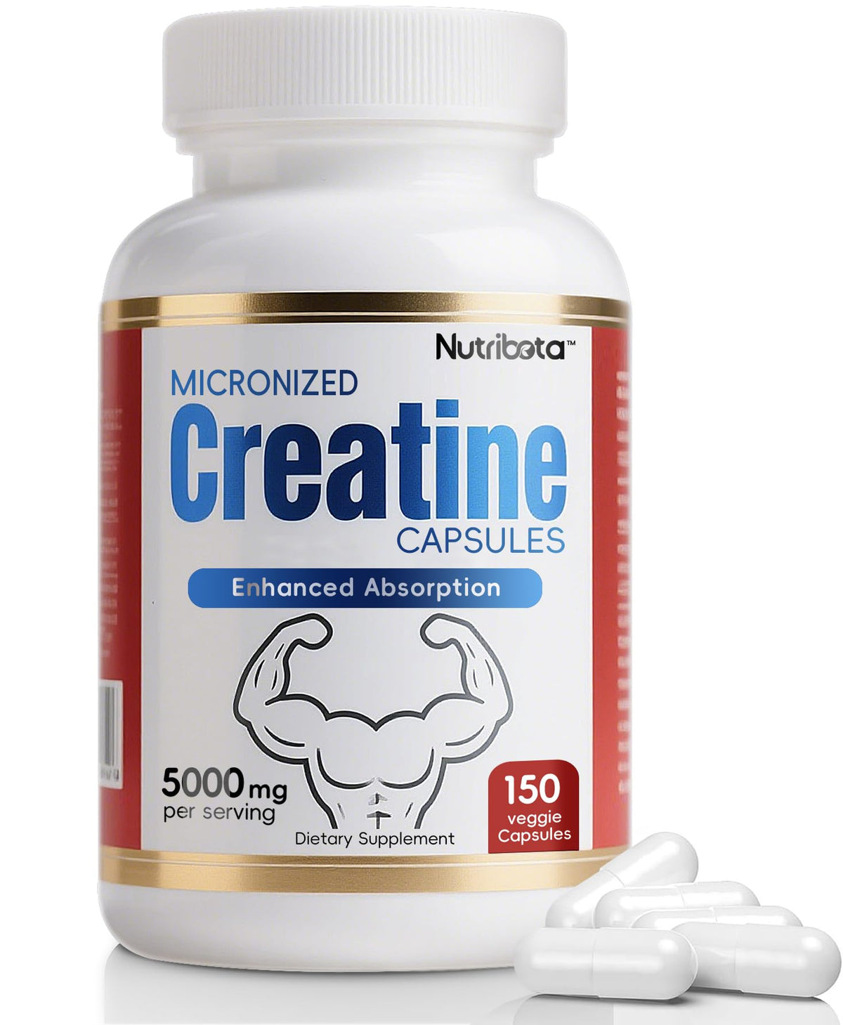 5000mg Micronized Creatine Monohydrate Capsules with Vitamin B12, Vegan, Gluten Free, 150 Count K714