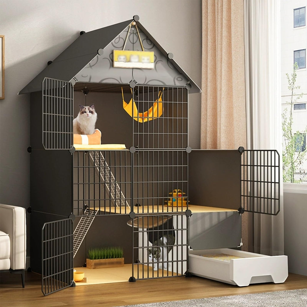 Large 3-Tier Detachable Metal Wire Cat Kennel with Litter Box and Hammock Z2094