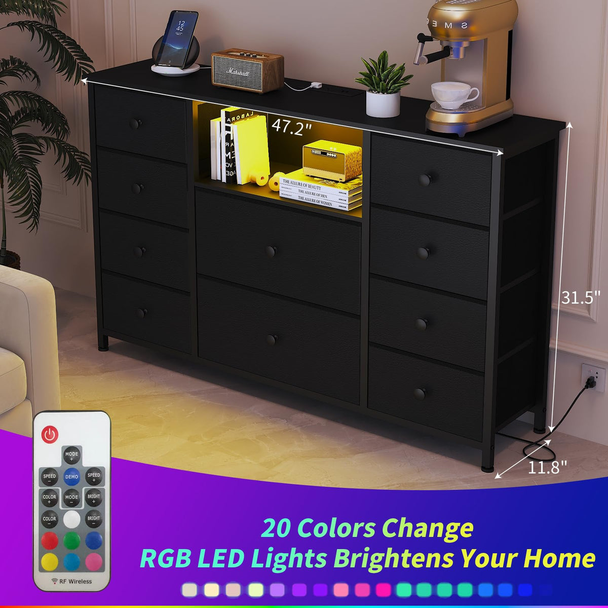 Black Dresser with Charging Station and LED Lights K3722