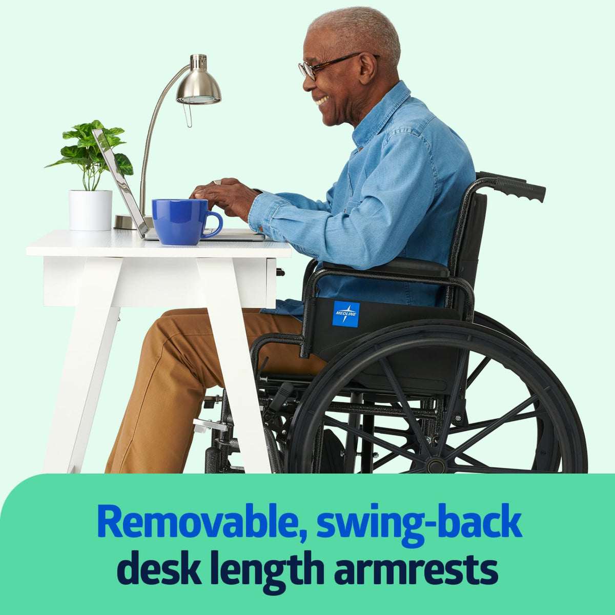 Lightweight Wheelchair with Swing-Back Desk-Length Arms and Elevating Leg Rests H555
