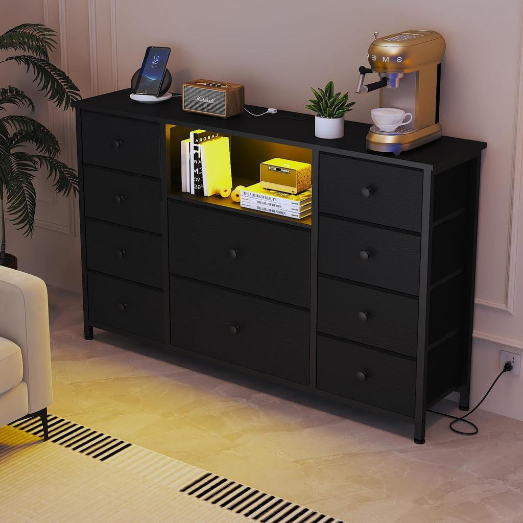 Black Dresser with Charging Station and LED Lights K3722