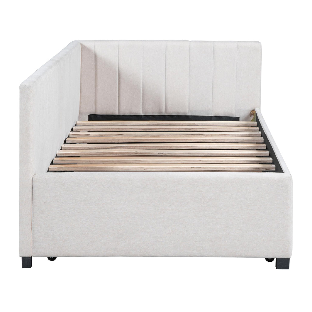 Twin Size Upholstered Daybed with Trundle Linen Fabric Wooden Sofa Bed Frame K95288