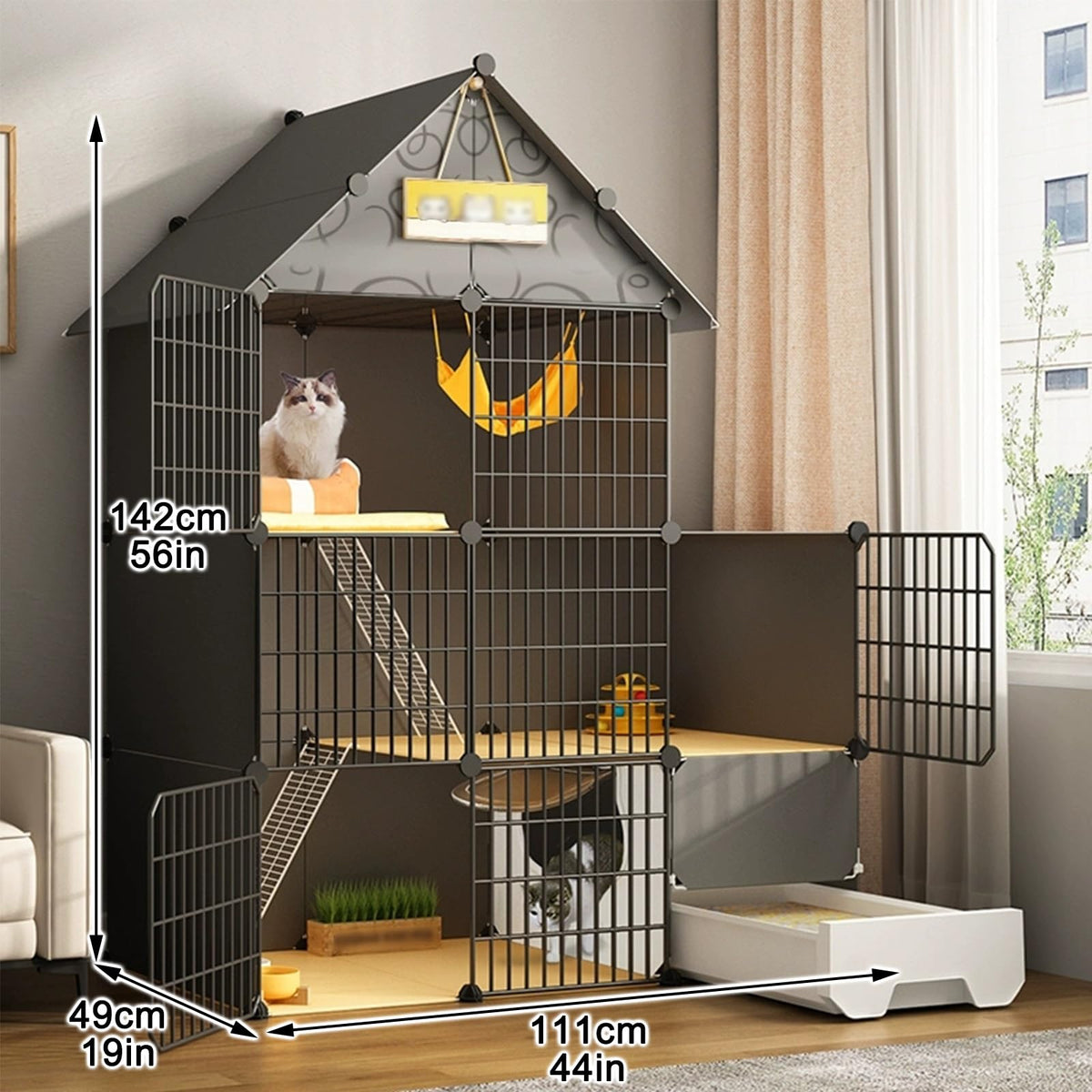 Large 3-Tier Detachable Metal Wire Cat Kennel with Litter Box and Hammock Z2094