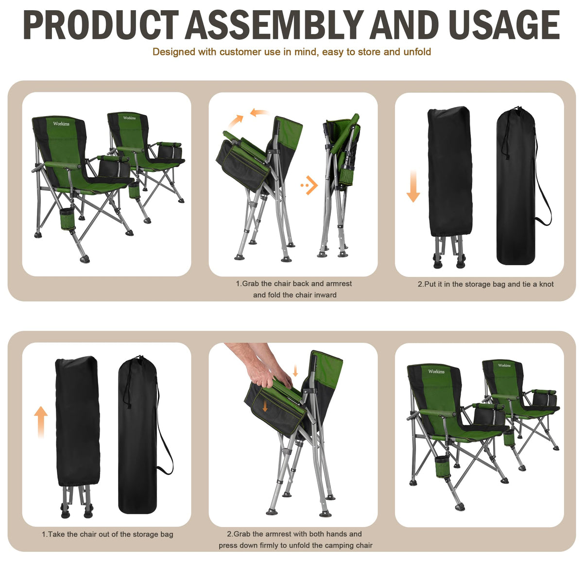 2 Pack Green Folding Camping Chair with Cup Holder and Storage Bag U8434