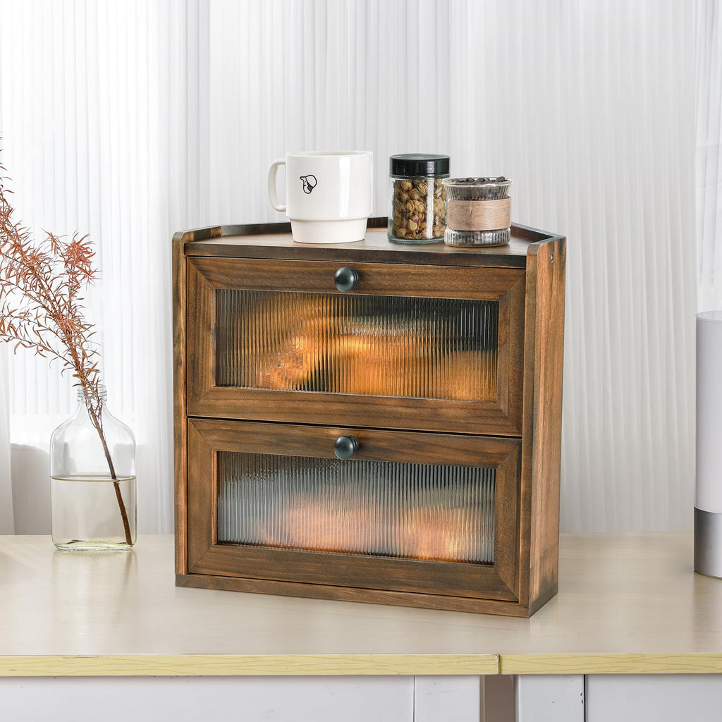Large 2 Tier Wooden Bread Box with Acrylic Window E3008