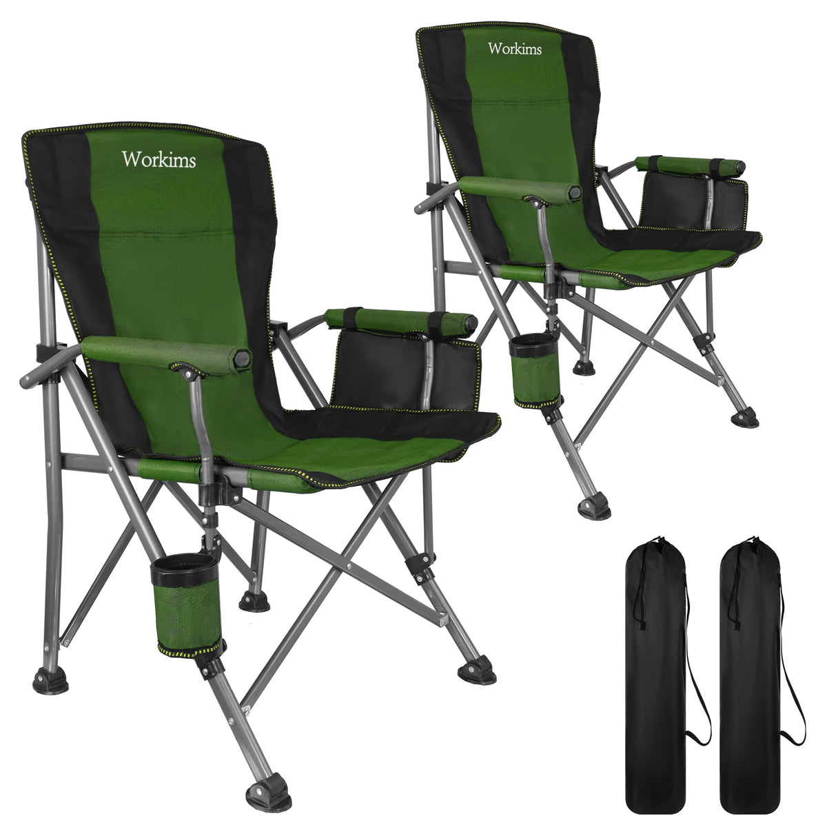 2 Pack Green Folding Camping Chair with Cup Holder and Storage Bag U8434
