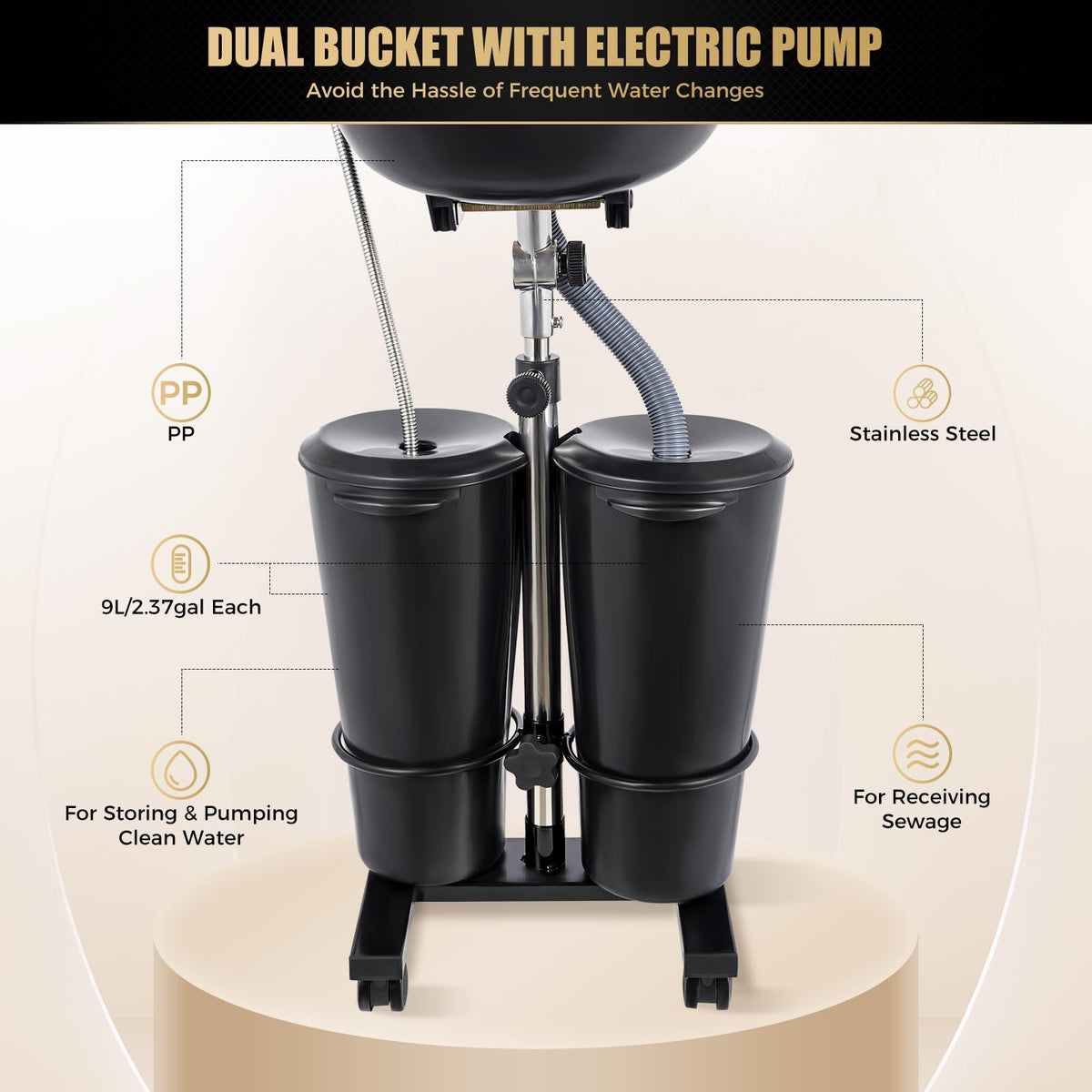 Portable Shampoo Basin with 2 Buckets, Height Adjustable Y191724