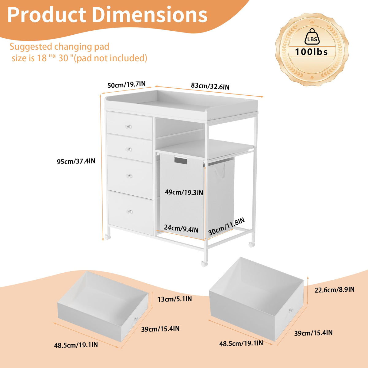 32.6" Baby Changing Station with 4 Wheels H4015