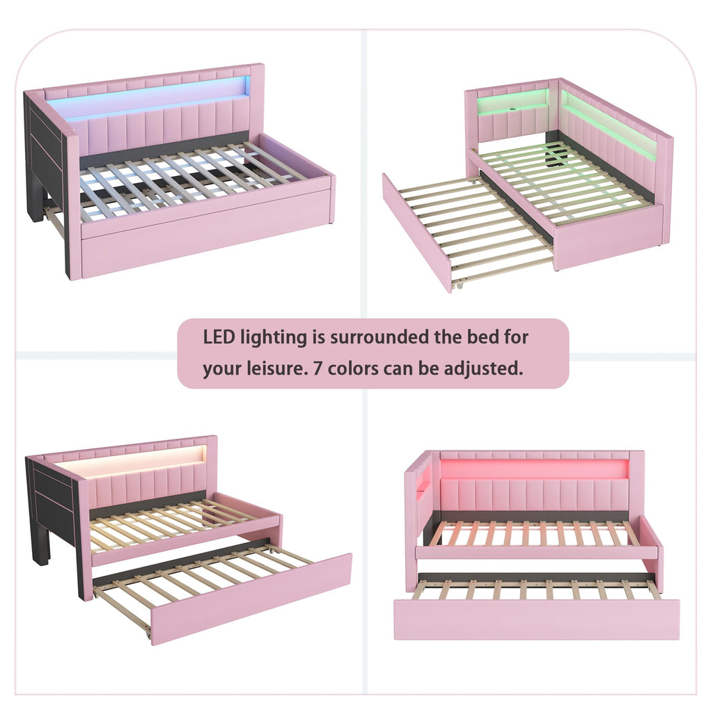 Twin Size Upholstered Platform Bed with Trundle and USB Ports, Pink I33653