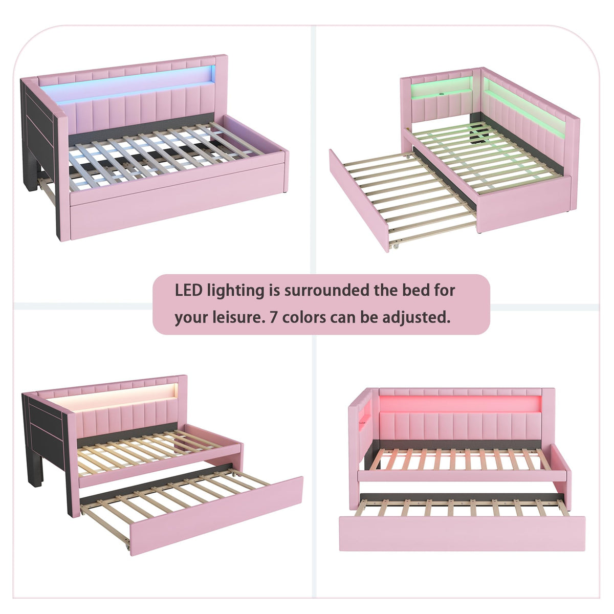 Twin Size Upholstered Platform Bed with Trundle and USB Ports, Pink I33653