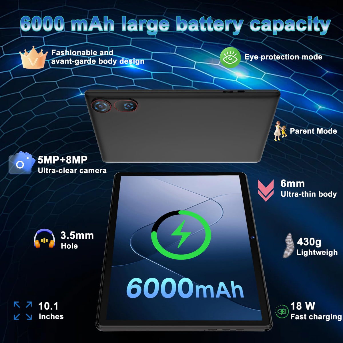 Android 15 Tablet 10.1 Inch FHD 30GB RAM 64GB ROM Black F651715