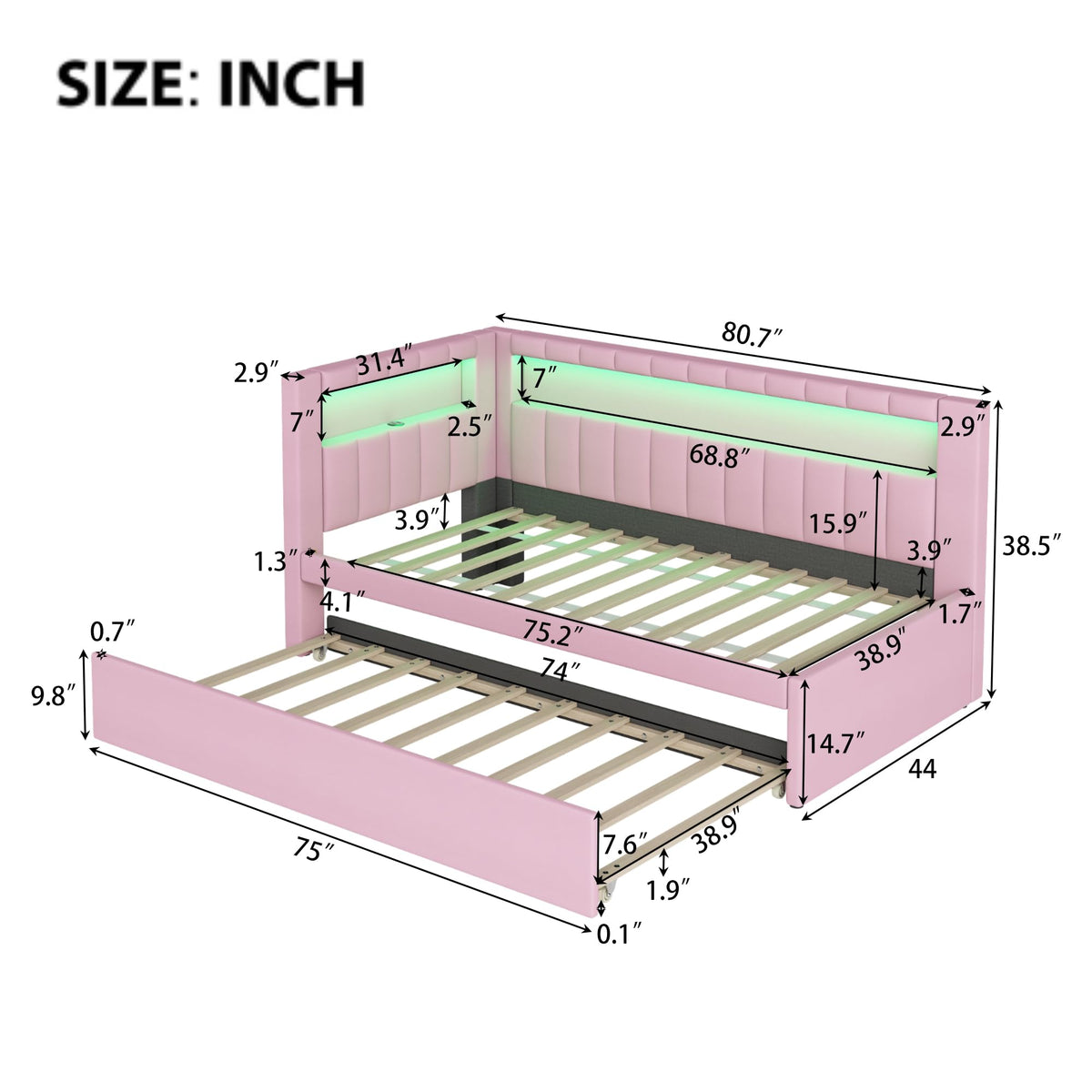 Twin Size Upholstered Platform Bed with Trundle and USB Ports, Pink I33653