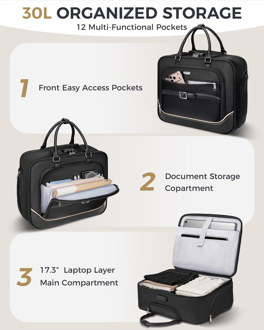 Black 17.3 In Rolling Laptop Bag with Wheels Y8948