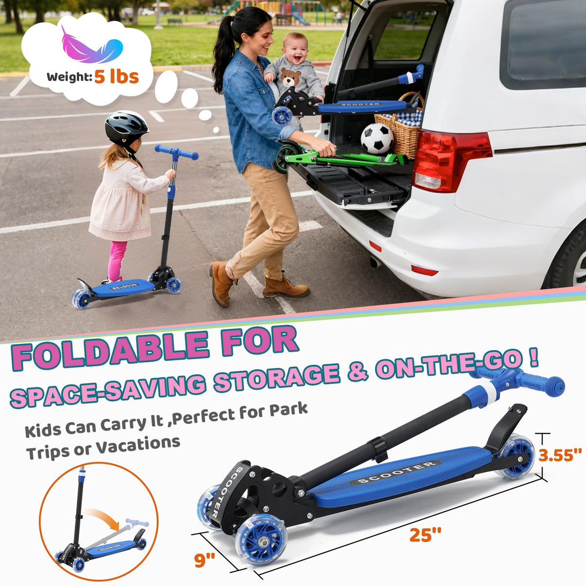 Kids 2-7 Age Light up 3 Wheels Folding Kick Scooter V451