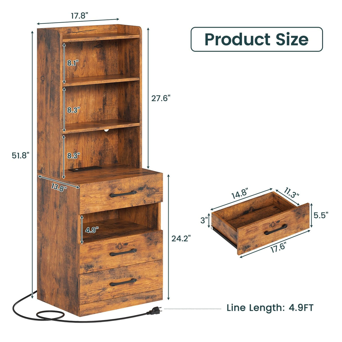 Tall Nightstand with Charging Station and LED Lights, 3 Drawers, Bookshelf R831949