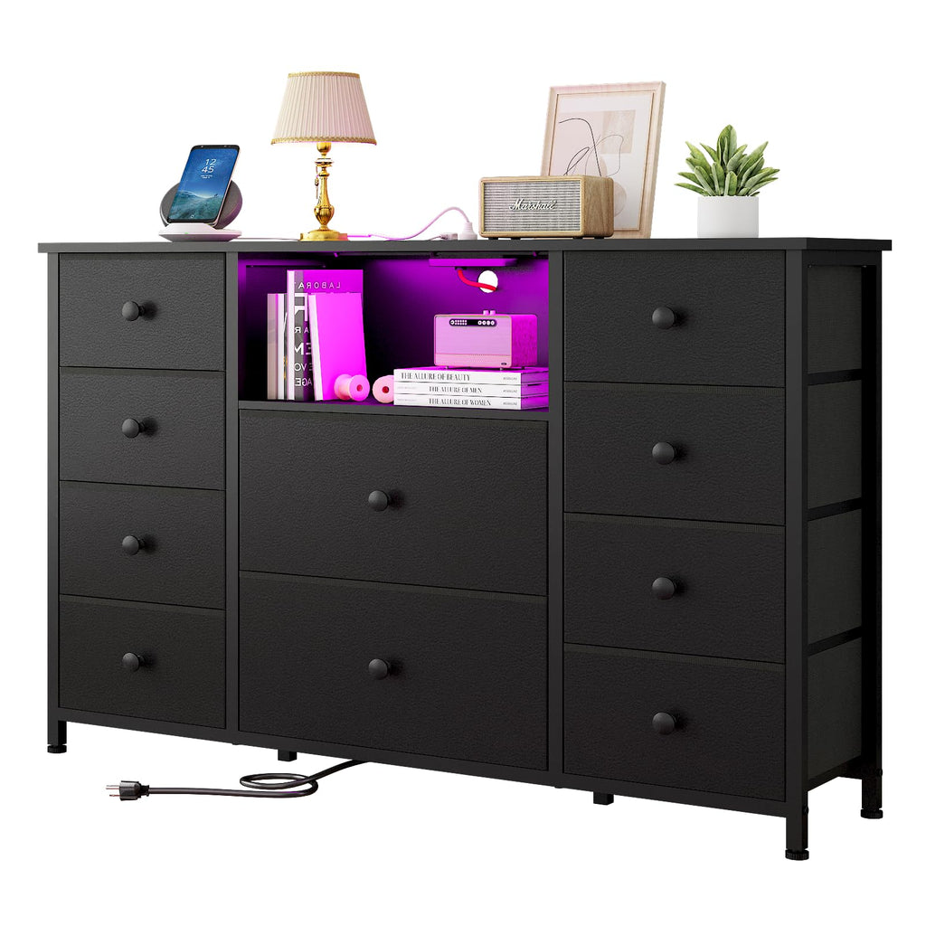 Black Dresser with Charging Station and LED Lights K3722