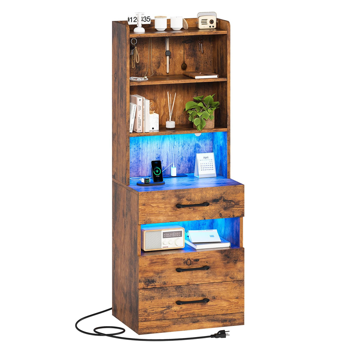 Tall Nightstand with Charging Station and LED Lights, 3 Drawers, Bookshelf R831949