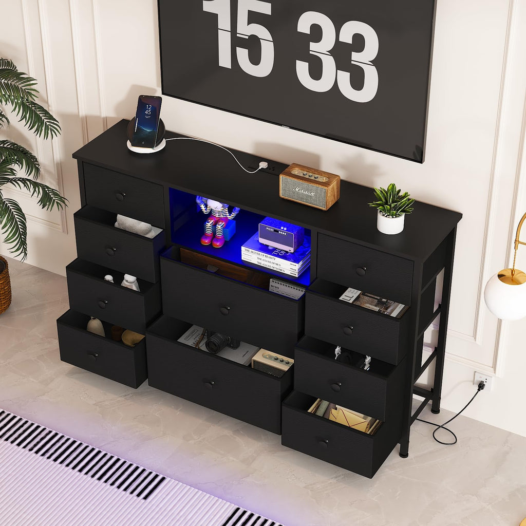 Black Dresser with Charging Station and LED Lights K3722