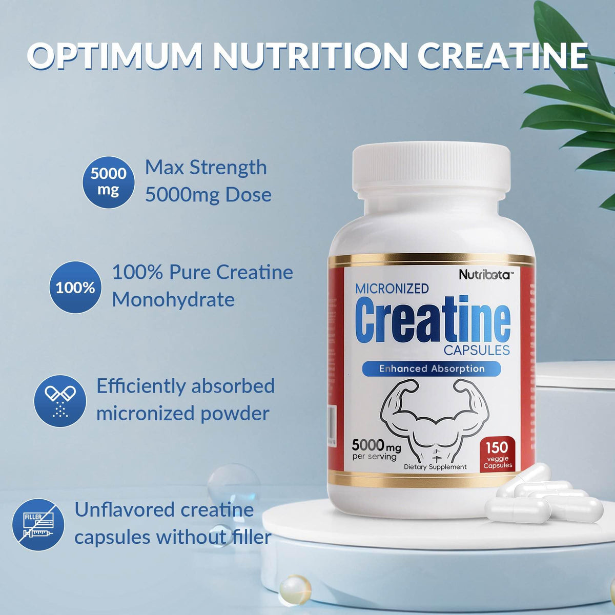 5000mg Micronized Creatine Monohydrate Capsules with Vitamin B12, Vegan, Gluten Free, 150 Count K714