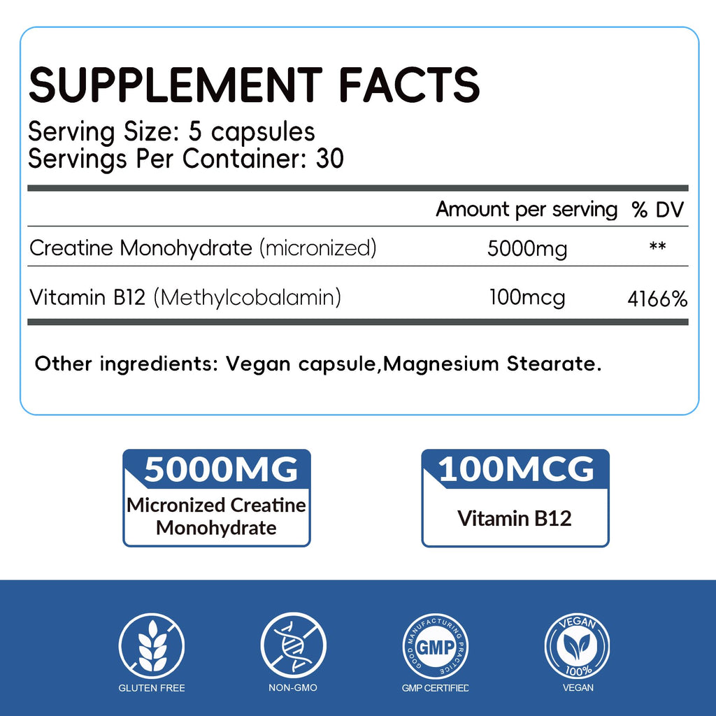 5000mg Micronized Creatine Monohydrate Capsules with Vitamin B12, Vegan, Gluten Free, 150 Count K714