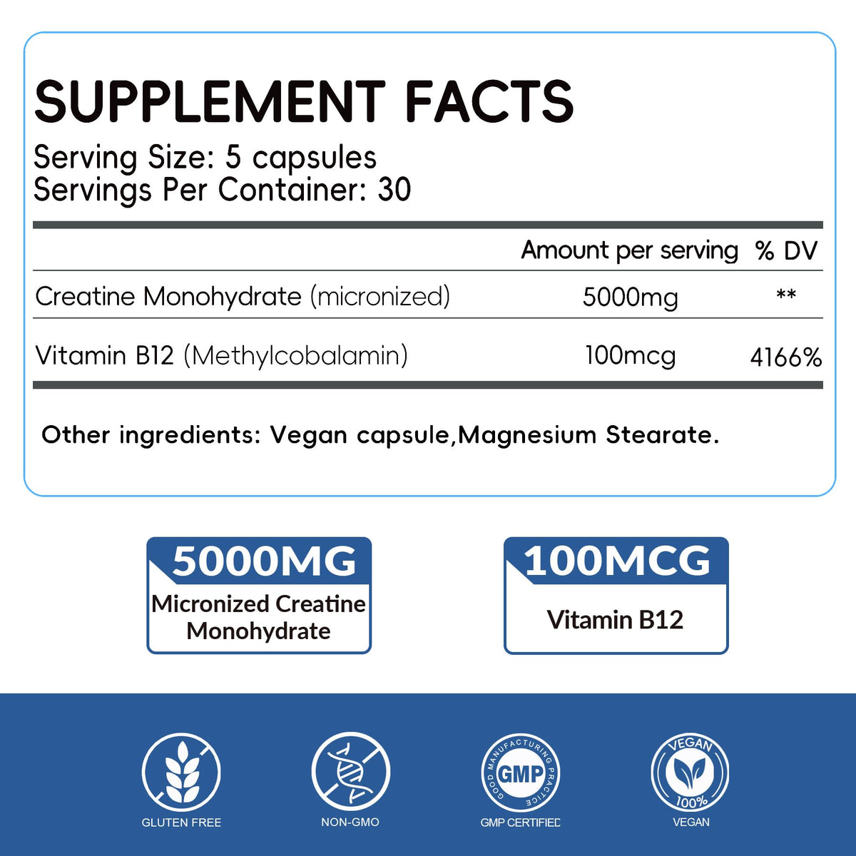5000mg Micronized Creatine Monohydrate Capsules with Vitamin B12, Vegan, Gluten Free, 150 Count K714