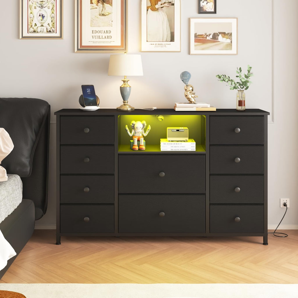 Black Dresser with Charging Station and LED Lights K3722