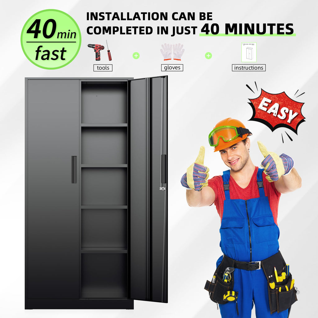Black 72" Locking Steel Storage Cabinet with 4 Adjustable Shelves I79290
