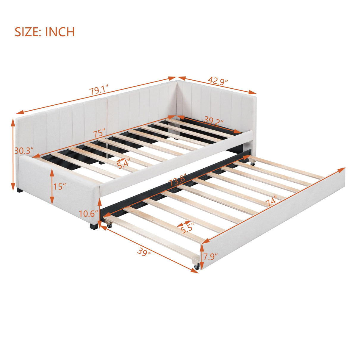 Twin Size Upholstered Daybed with Trundle Linen Fabric Wooden Sofa Bed Frame K95288